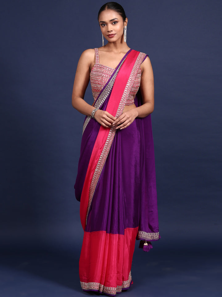 Purple Crepe Zari Embroidery Saree With Readymade Blouse