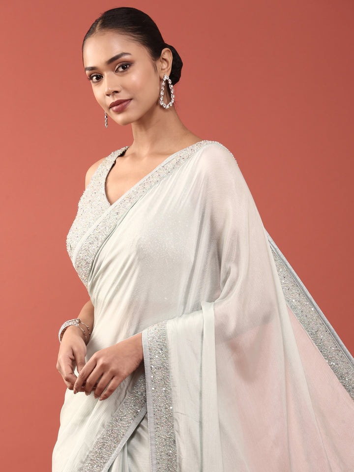 Sea Blue Crepe Stone And Thread Embroidery Saree With Readymade Blouse