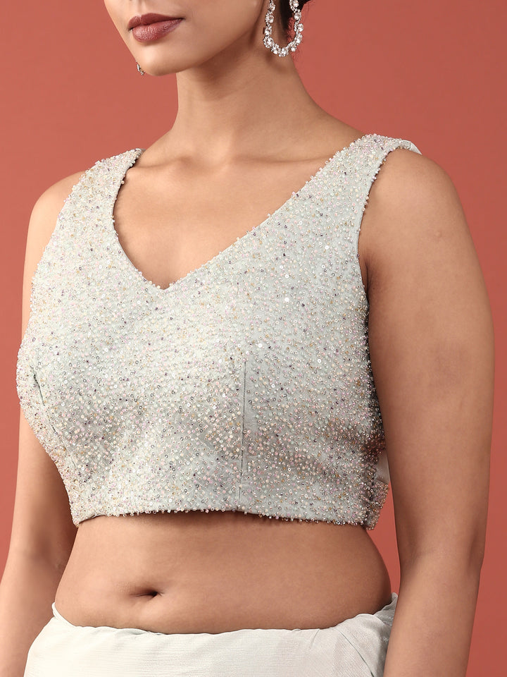 Sea Blue Crepe Stone And Thread Embroidery Saree With Readymade Blouse