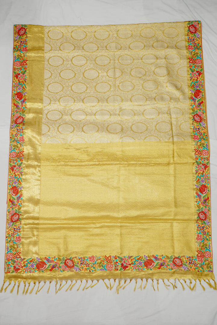 Gold Kanchi Tissue With Border Petite Point Embroidery Saree