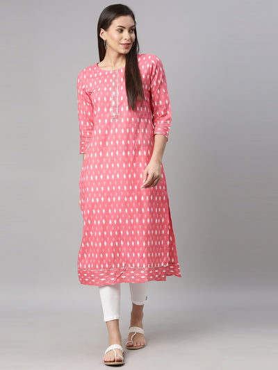 Neerus Women Pink Geometric Printed Cotton Kurta