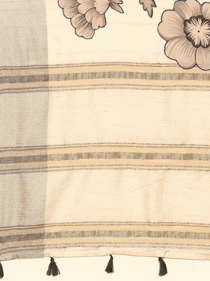 Cream Natural Dupion Saree With Floral Print