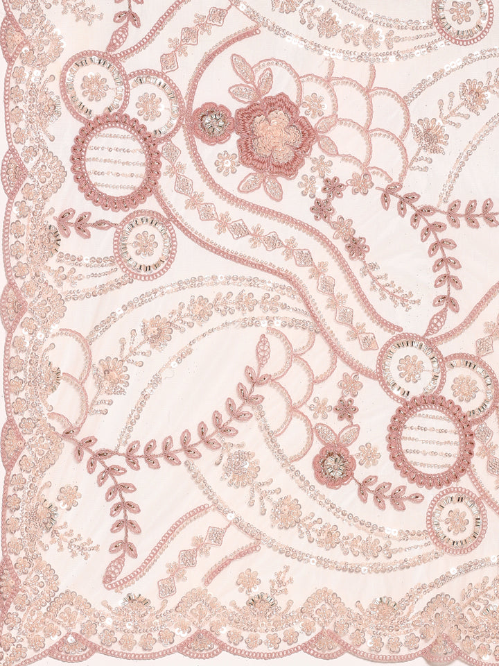 Peach net saree with pearl and sequins hand embroidery with scallop border