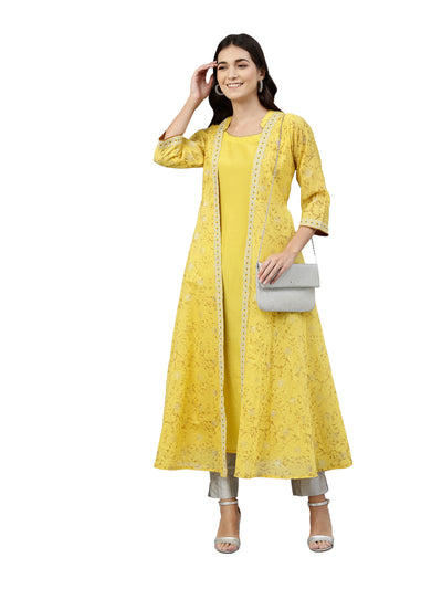 Neerus Women Yellow  Gold-Toned Printed Thread Work Anarkali Kurta
