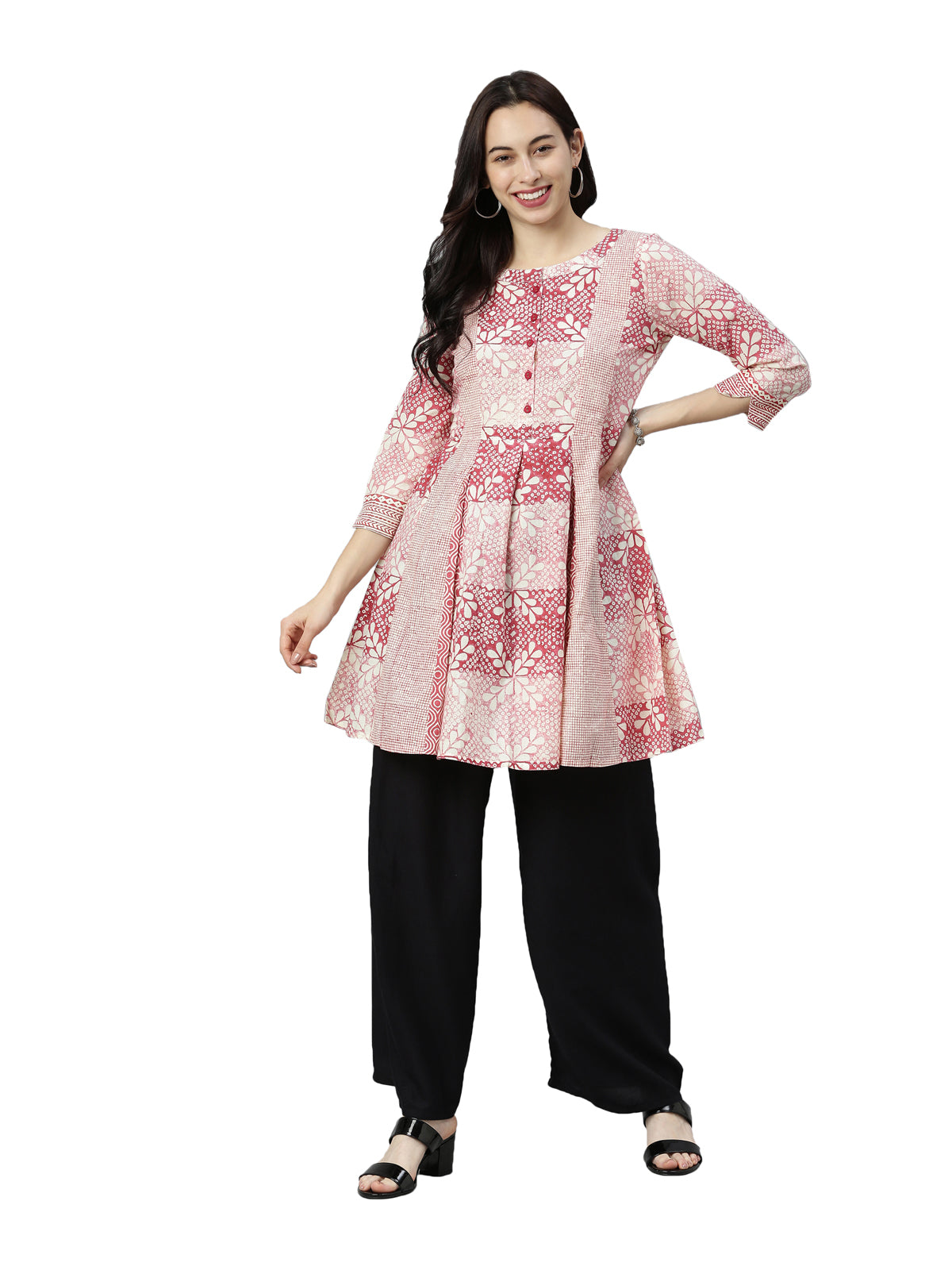 Neerus Women Red  Peach-Coloured Ethnic Motifs Printed Anarkali Kurta
