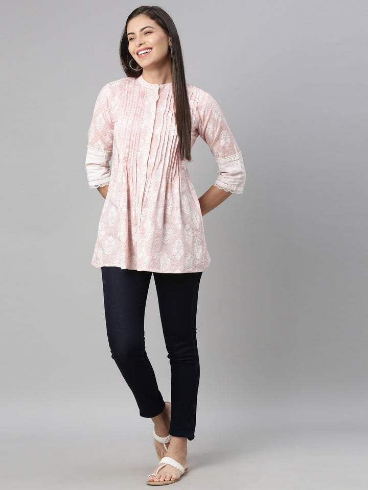Neerus Rose Floral Printed Pure Cotton Pleated Kurti