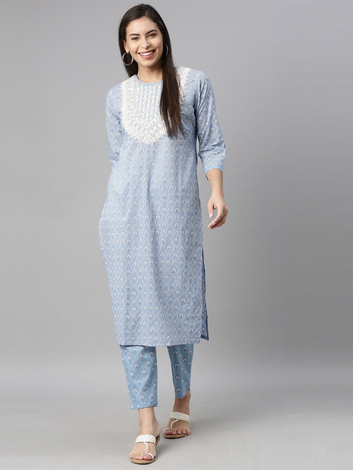 Neerus Women Blue Printed Thread Work Kurta with Trousers