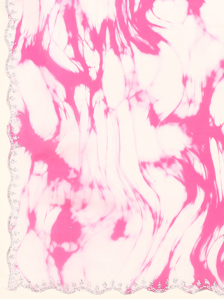 Pink & white printed satin saree with Swarovski embroidery
