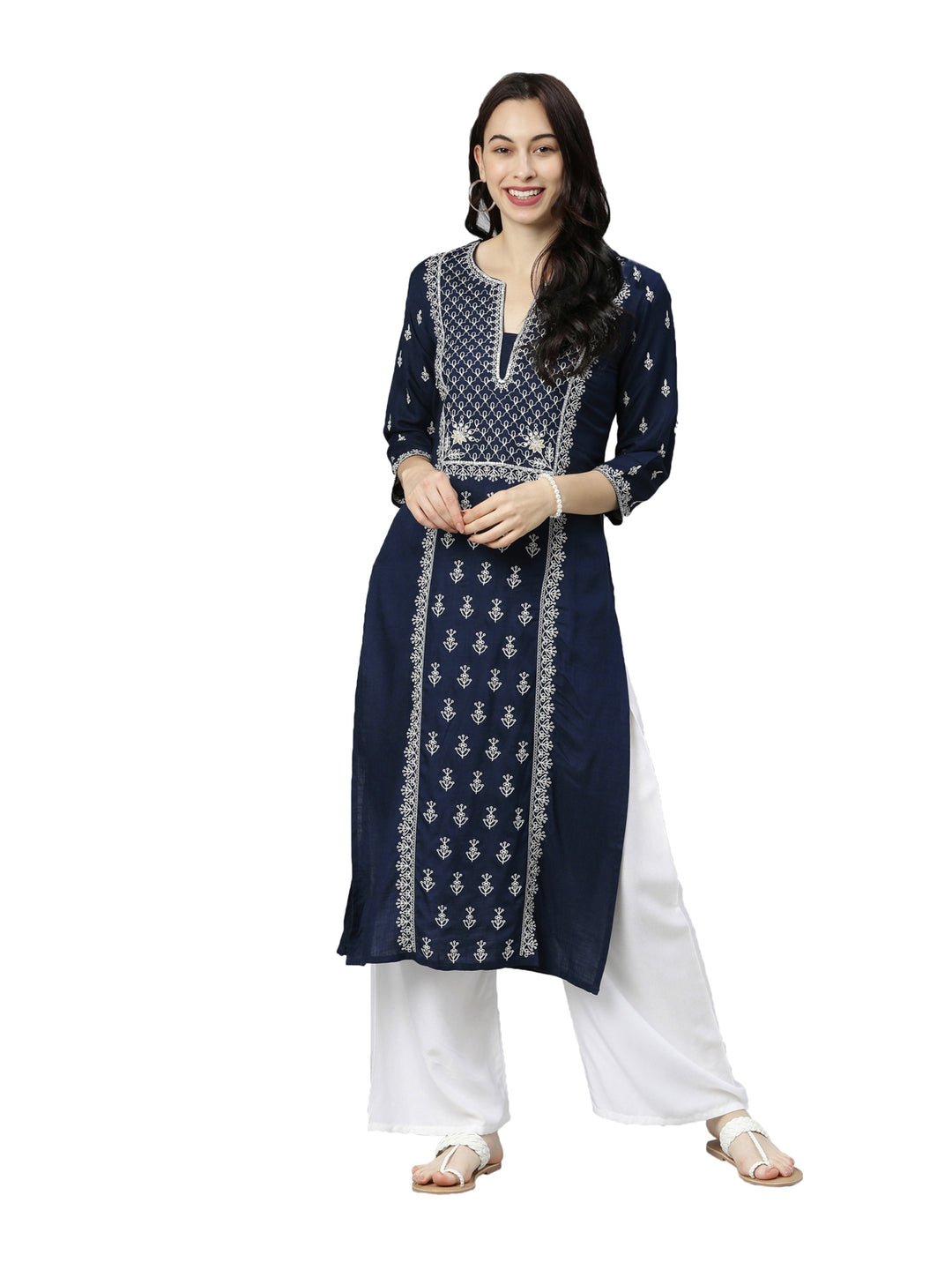 Neerus Women Navy Blue White Floral Embroidered Thread Work Kurta