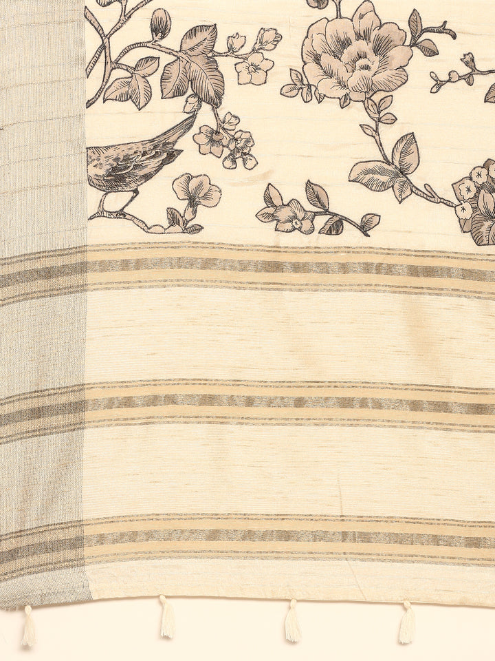 Cream Natural Dupion Saree With Floral Print