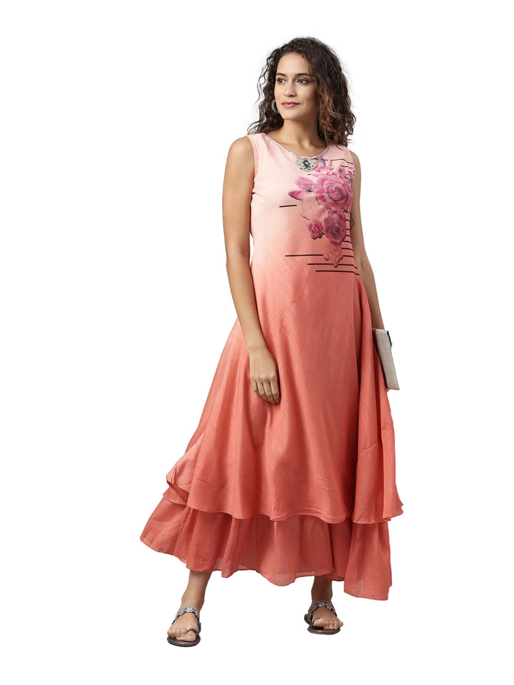 Neerus Orange floral printed layered kurti - detail view 3