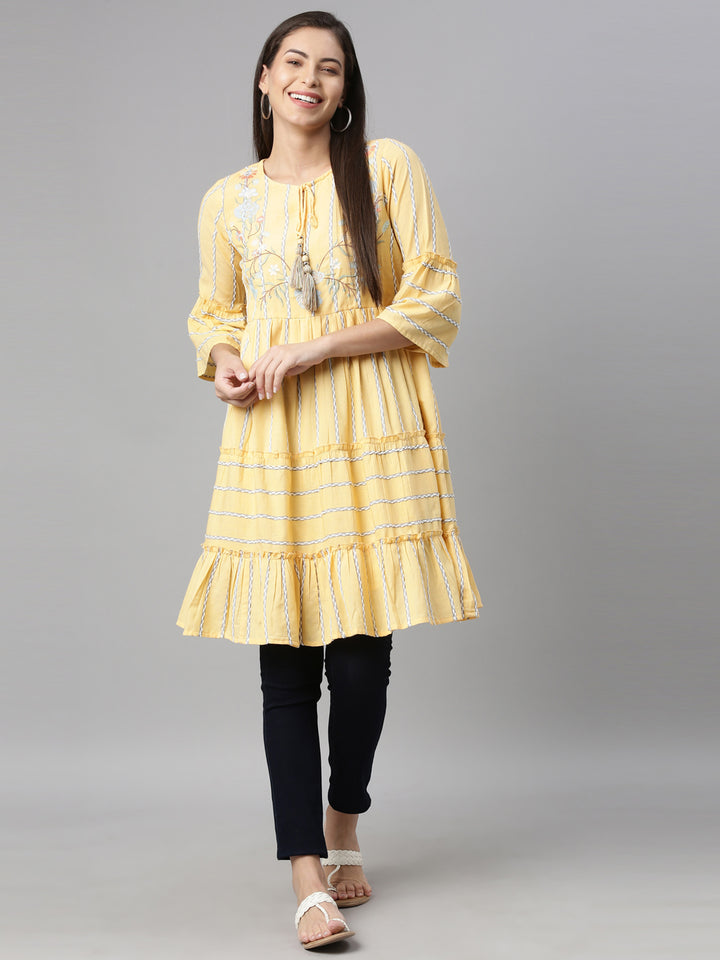Neerus Yellow  White Floral Yoke Design Flared Sleeves Tiered Kurti