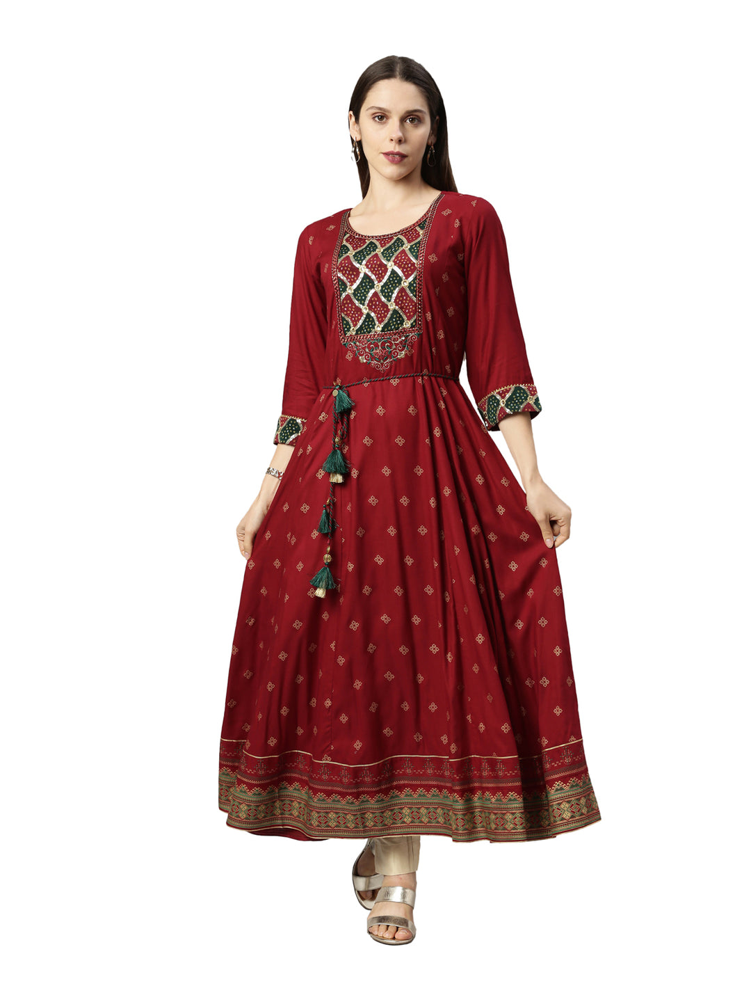 Neerus Maroon embroidered anarkali kurta with flared sleeves - detail view 3