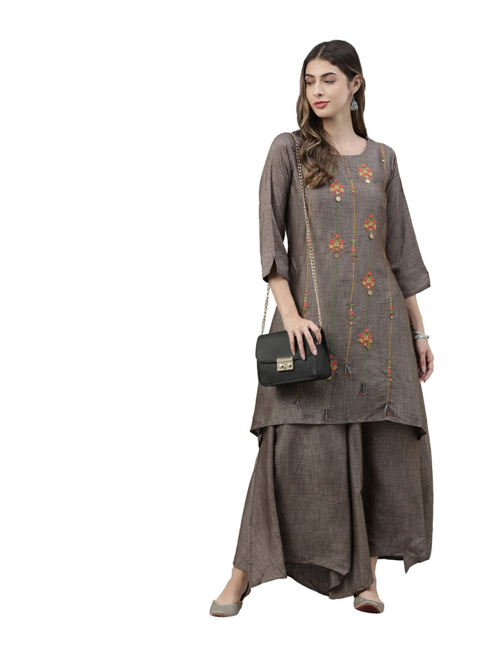 Neerus Grey embroidered suit set kurta palazzo dupatta - detail view 2