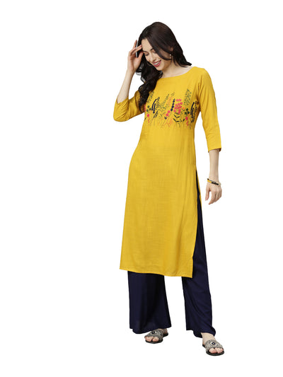 Neerus Women Mustard Floral Embroidered Thread Work Kurta
