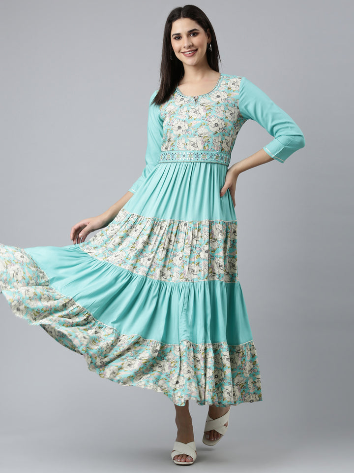 Neerus Sea Green Straight Casual Embroidered Dress