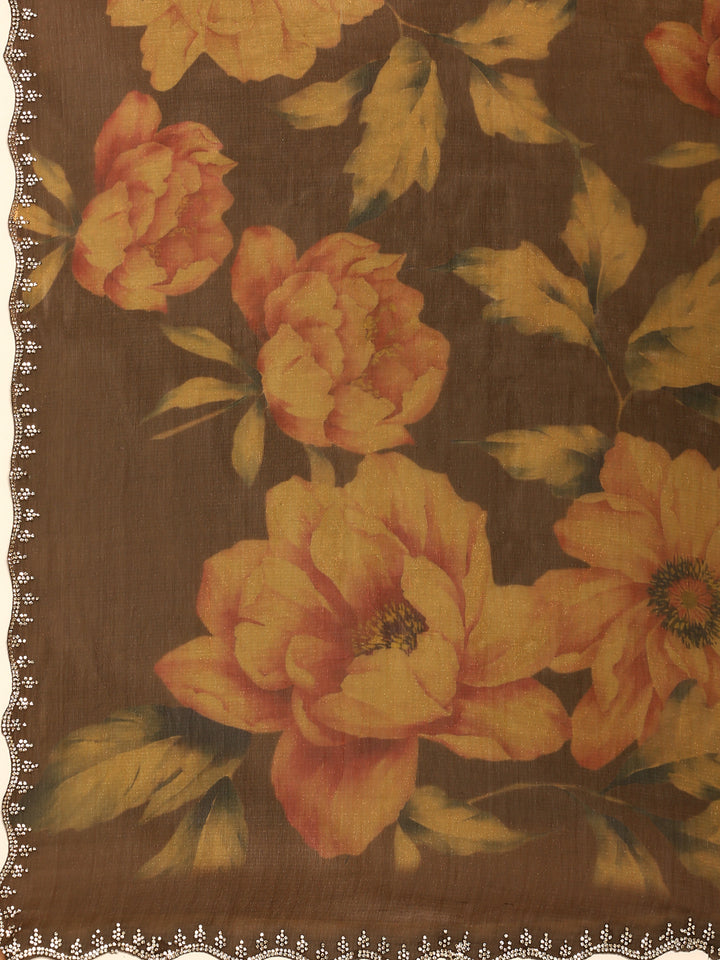Gold & Rust Floral Printed Jimmy Tissue Saree With Swarovski Embroidery
