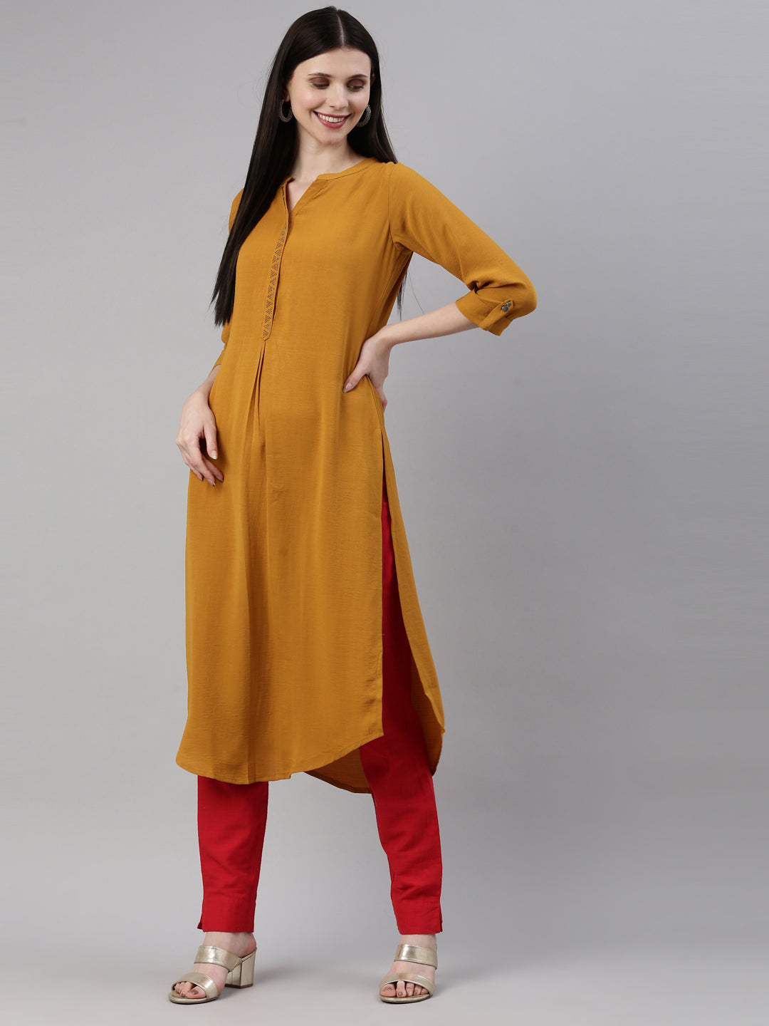 Neerus Yellow rayon solid kurti - detail view 2