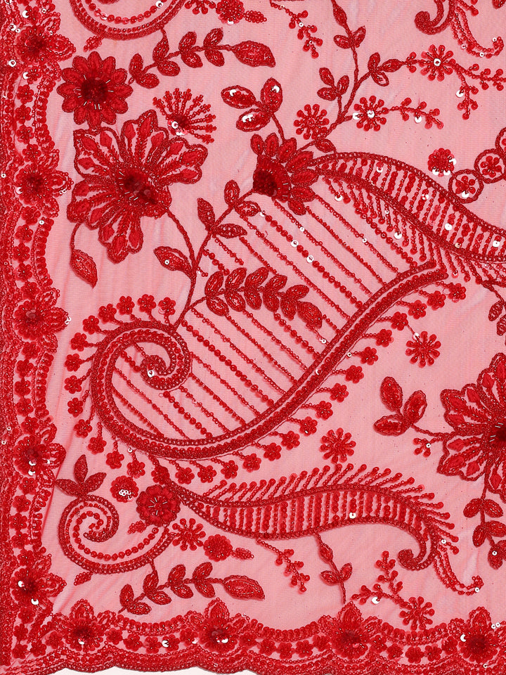 Red net saree with pearl and sequins hand embroidery with scallop border