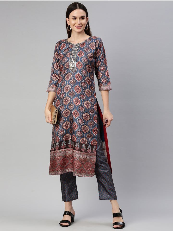 Neerus Women Blue Ethnic Motifs Printed Dupion Silk Kurta with Trousers