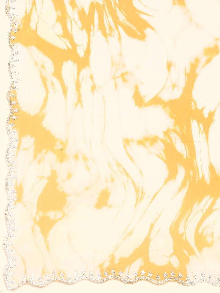 Mustard & white printed satin saree with Swarovski embroidery