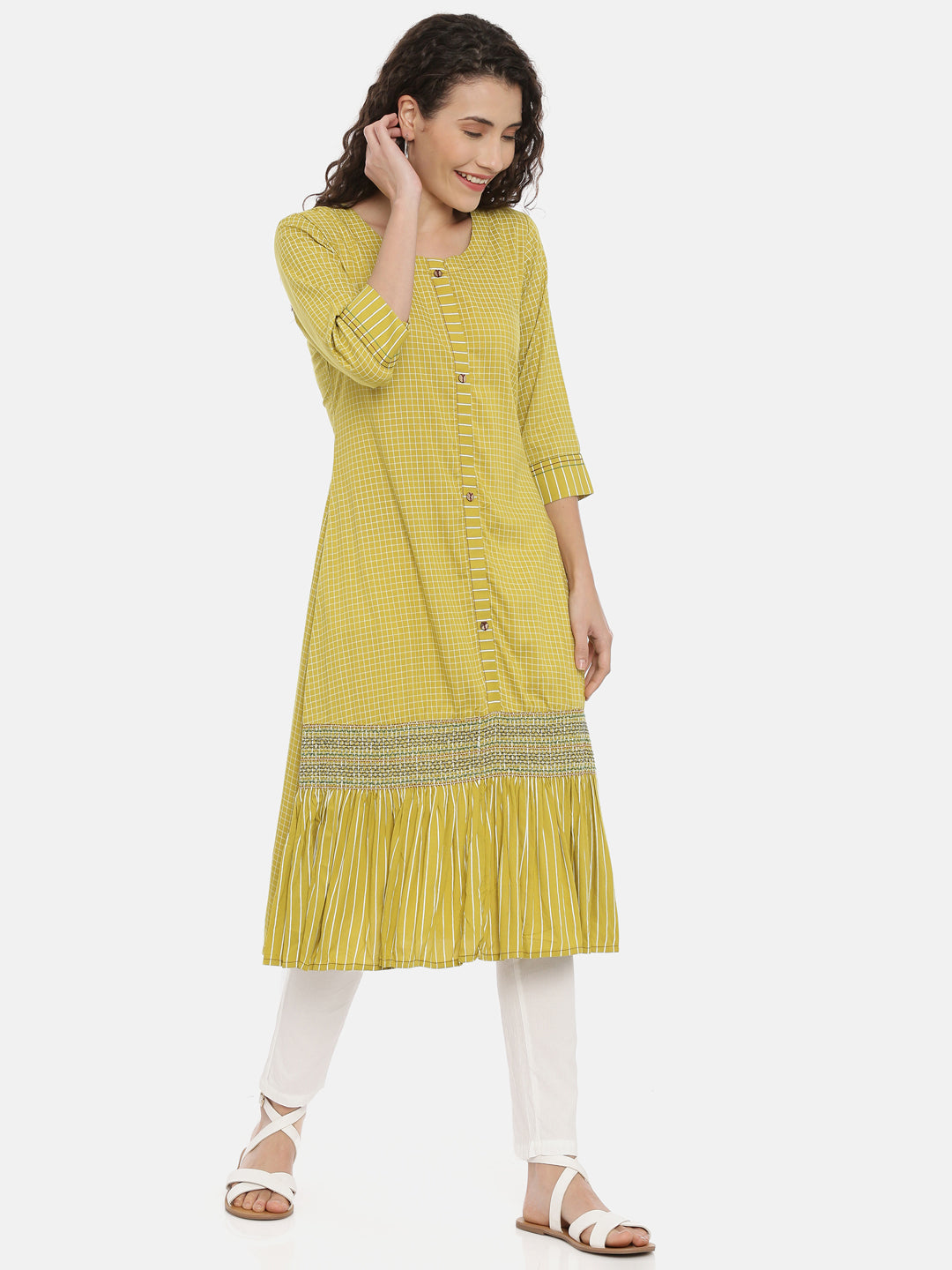 Neerus Women Lime Green White Checked A-Line Kurta