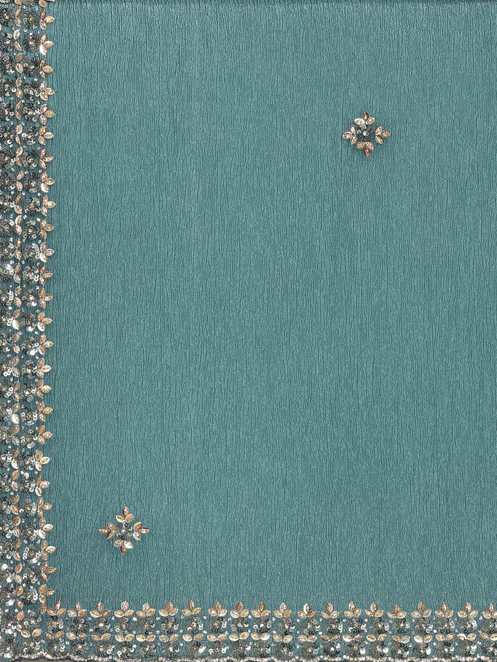 Green Jimmy crushed tissue saree with pearls & sequins embroidery with heavy ready made blouse