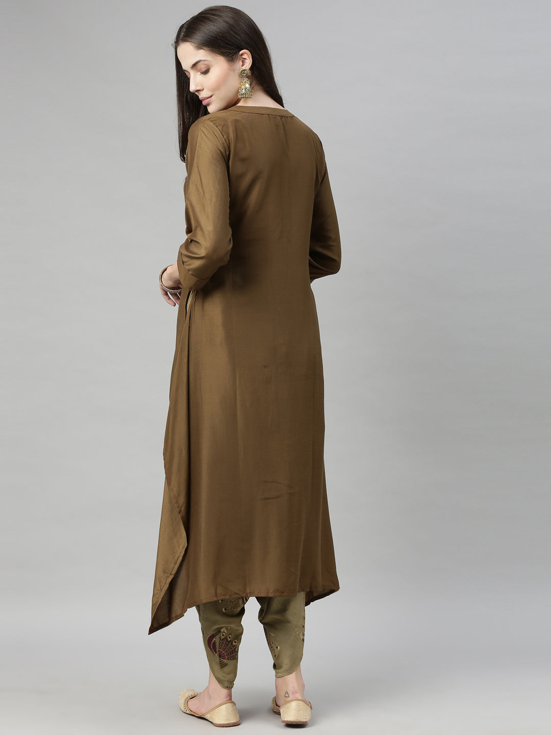Neerus Women Olive Green Embroidered Kurta with Dhoti Pants