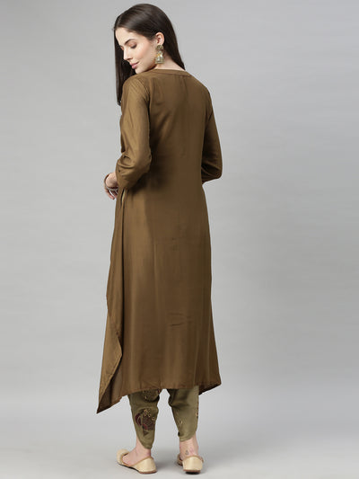 Neerus Women Olive Green Embroidered Kurta with Dhoti Pants