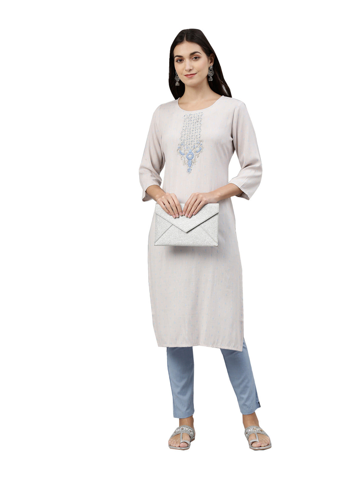Neerus Women Grey  Blue Floral Embroidered Kurta