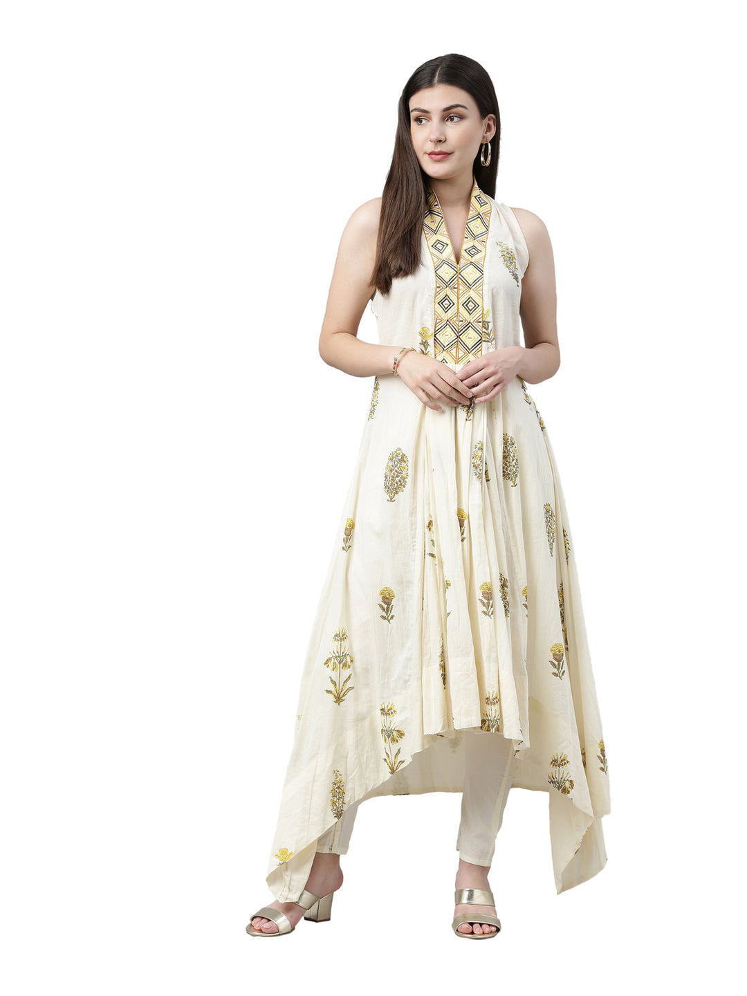 Neerus Women Cream-Coloured Printed Kurta with Salwar