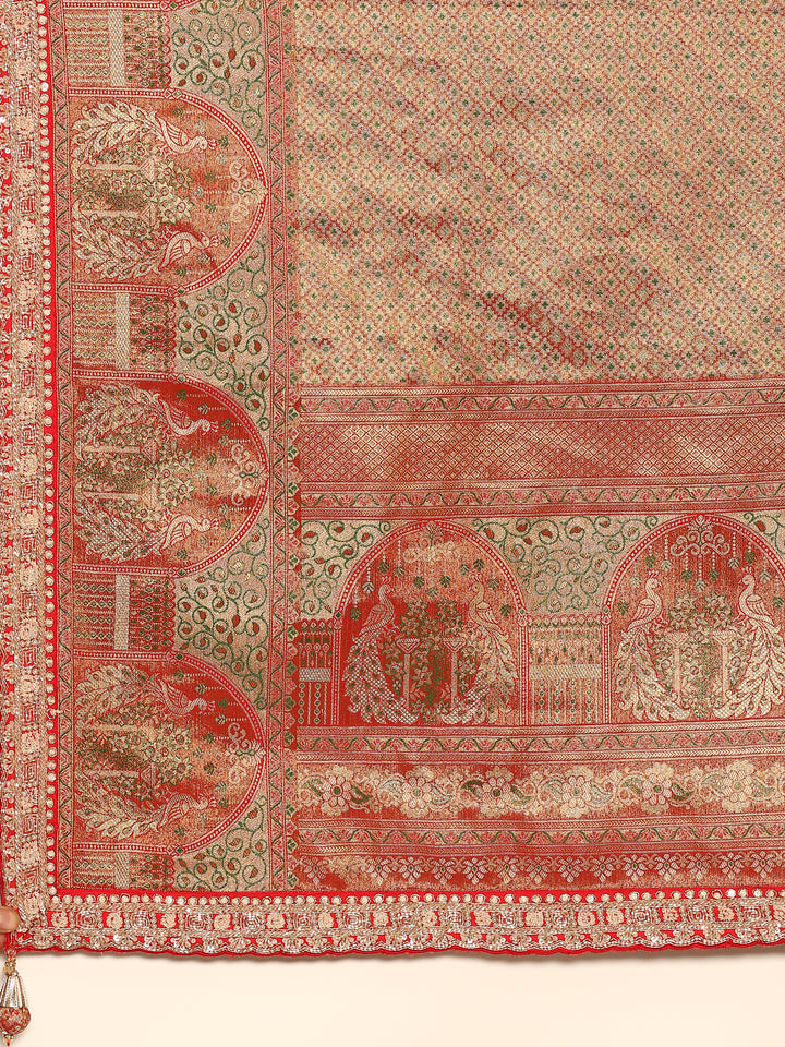 Red & gold banarasi silk saree with zardozi & sequins hand work with Ready made blouse