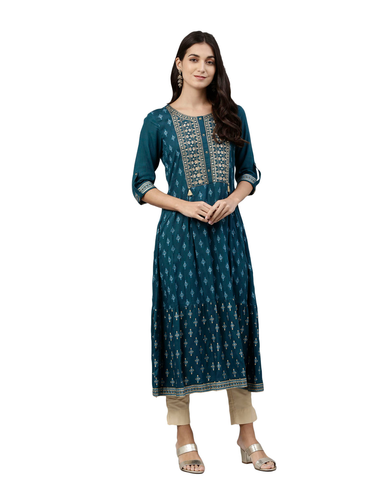 Neerus Women Blue Ethnic Motifs Printed Thread Work Kurta