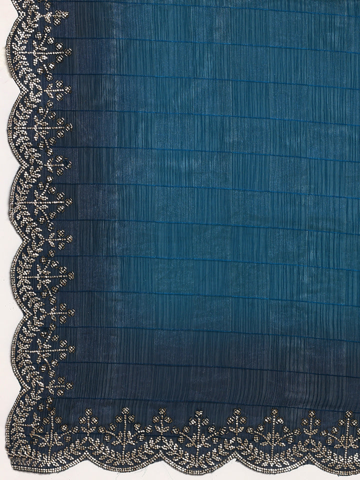 Peacock Jacquard Satin Organza Saree With Hand Embroidery