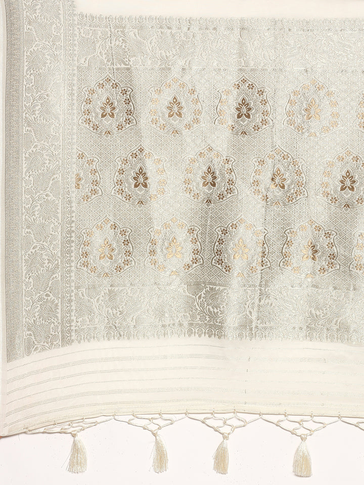 White Banaras silk saree with zari motifs and border