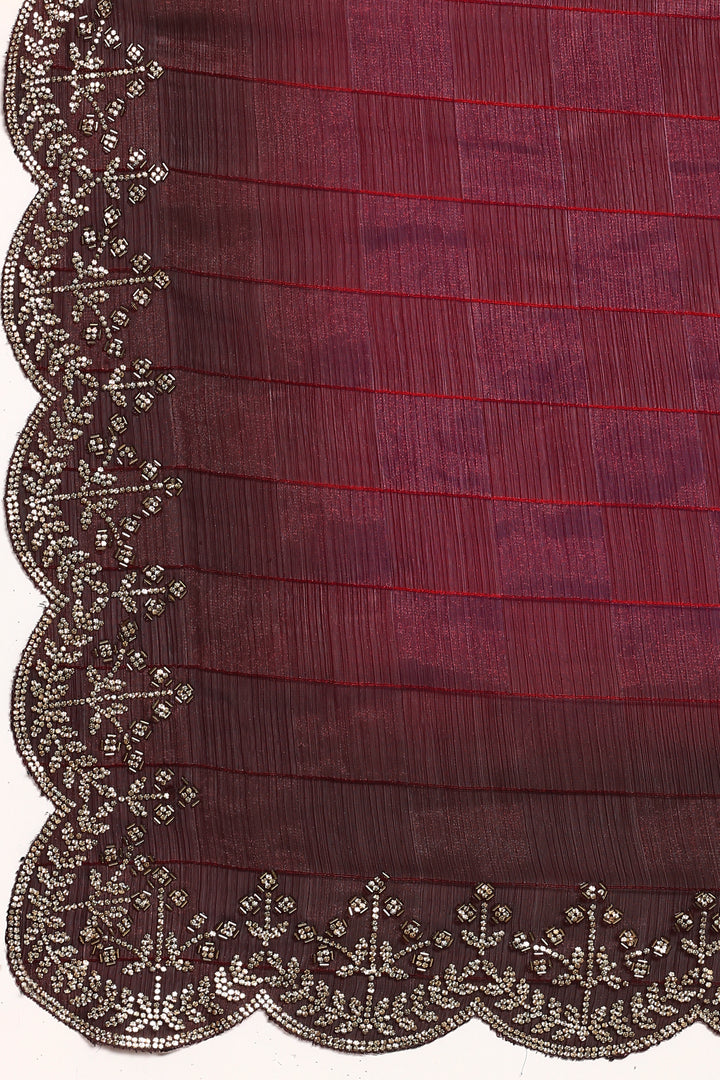 Maroon jacquard satin organza saree with hand embroidery