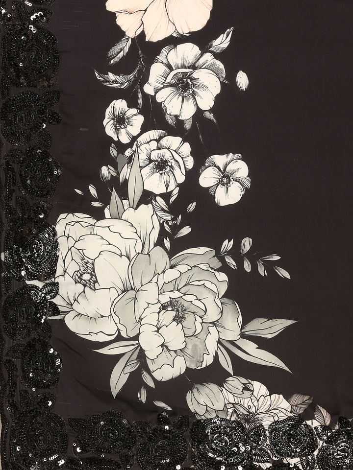 Black & White Satin Printed Saree With Hand Embroidery & Readymade Blouse