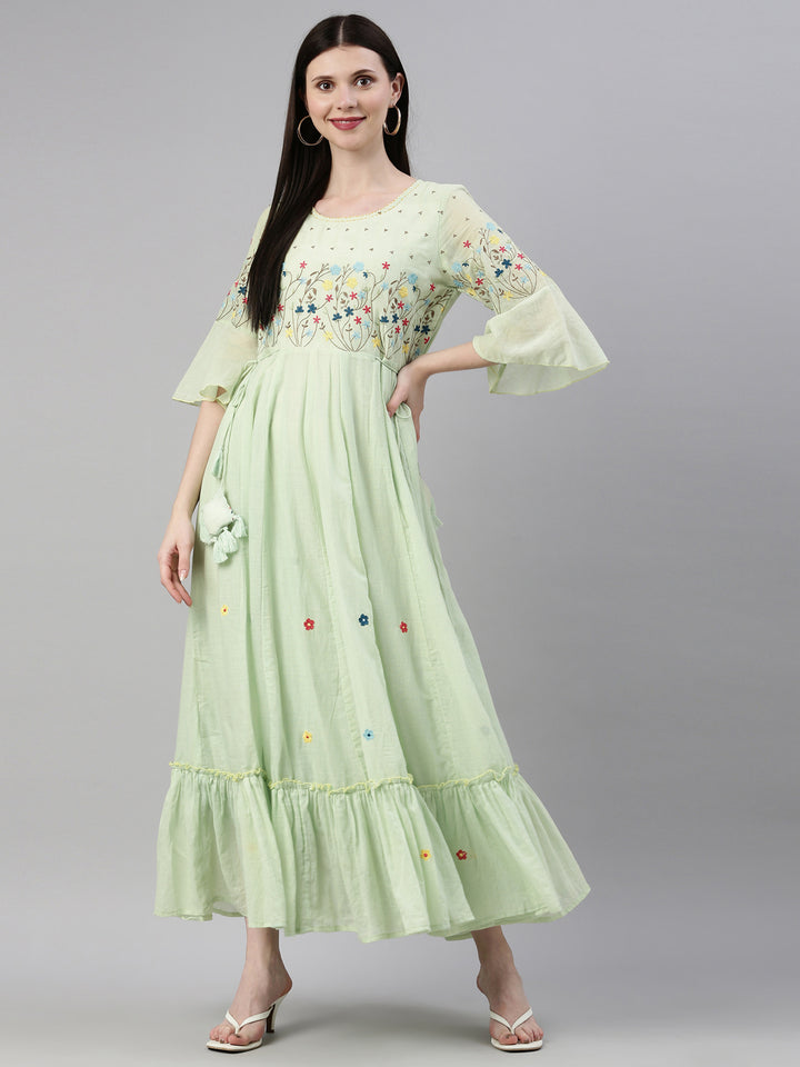 Neerus Green thread embroidered anarkali kurta - detail view 3
