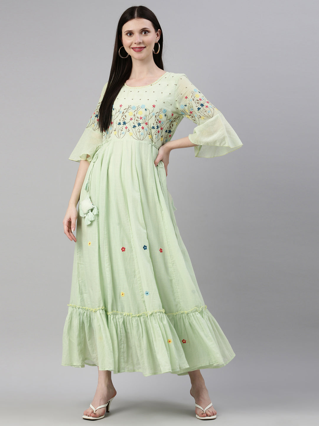 Neerus Women Green  Blue Yoke Design Thread Work Anarkali Kurta