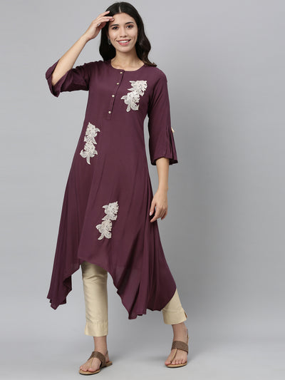 Neerus Women Purple Embroidered Bell Sleeves Thread Work Kurta