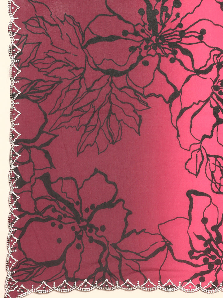 Pink Satin printed saree with Swarovski embroidery