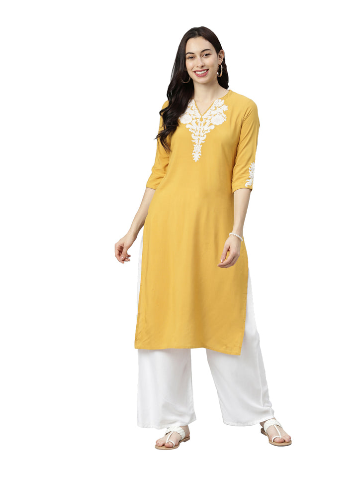 Neerus Yellow rayon thread embroidered kurti - detail view 3