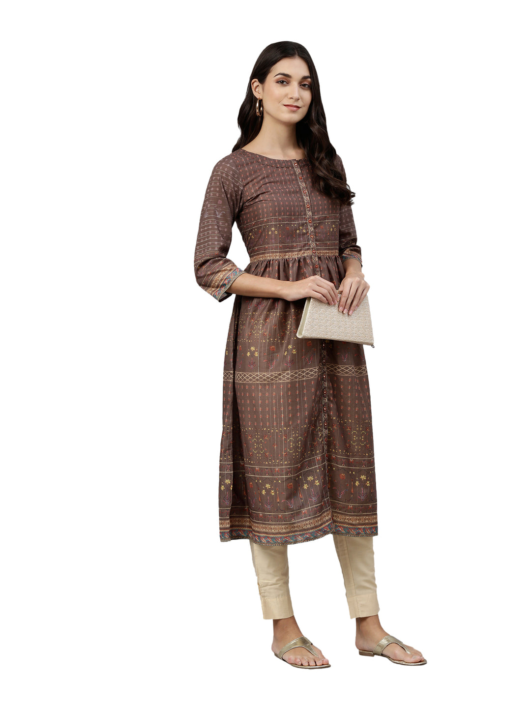 Neerus Brown printed anarkali kurta ethnic motifs - detail view 3