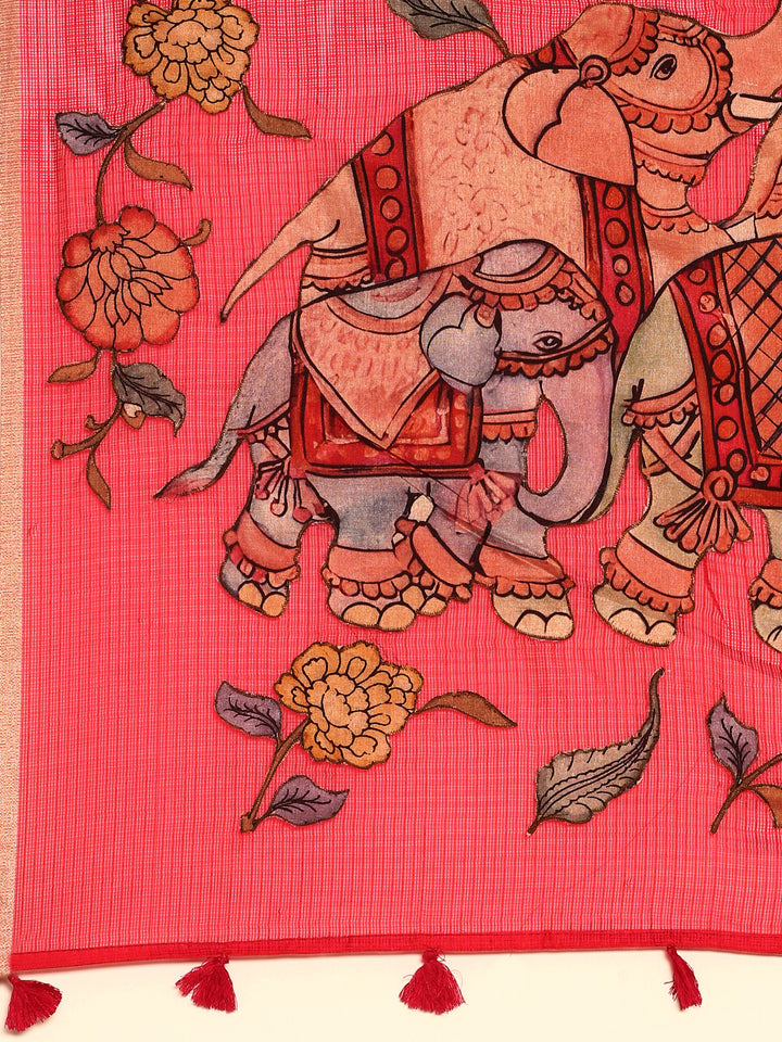 Rani Pink Kota Saree With Kalamkari Appliqué Work On Pallu