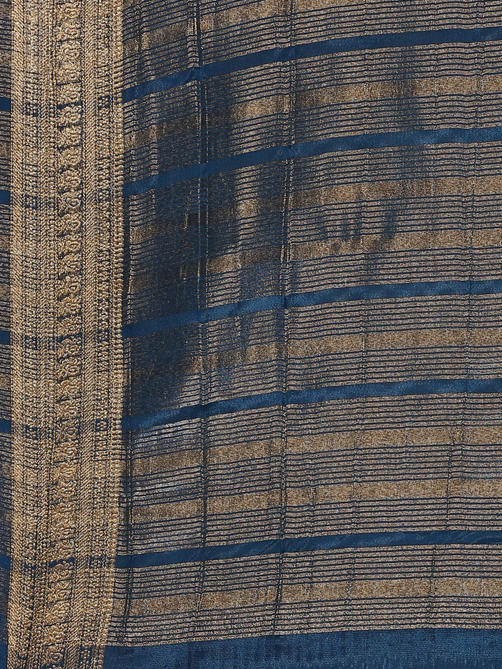 Navy Blue Mysore Crepe Saree With Zari Jaal Border