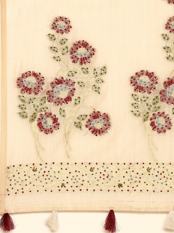 Cream Chanderi Silk With French Knot Contrast Thread Work And Sequence