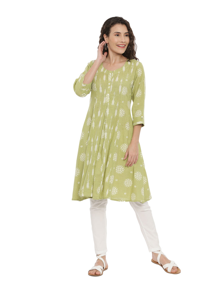 Neerus Women Green White Woven Design Anarkali Kurta