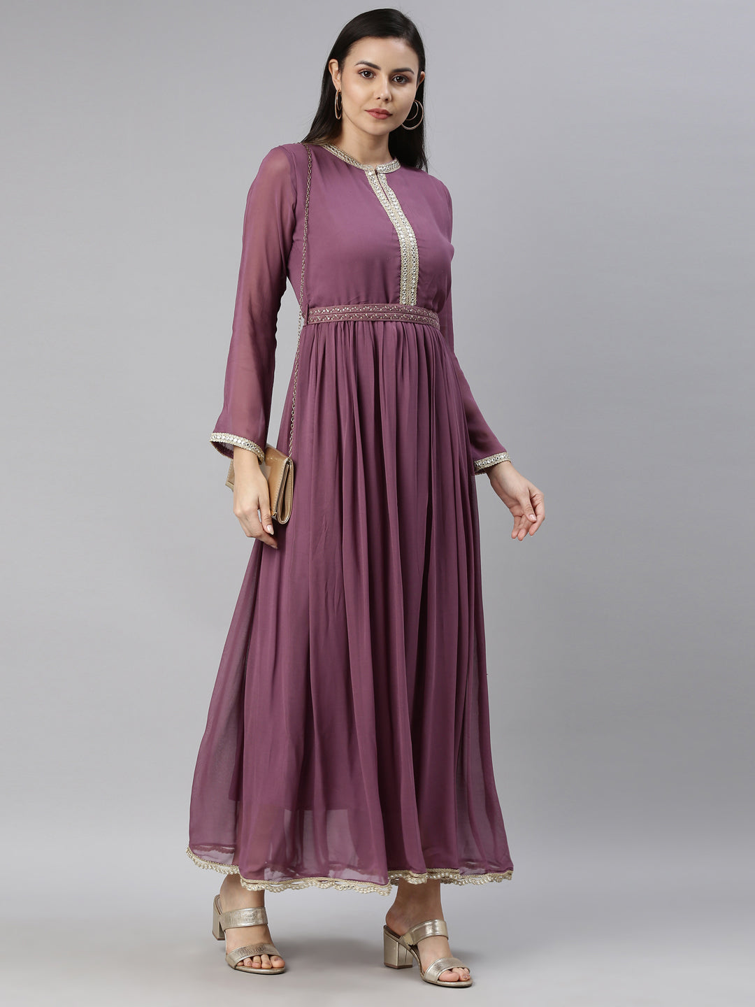 Neerus Purple Georgette Thread Embroidered Anarkali Kurta - detail view 4