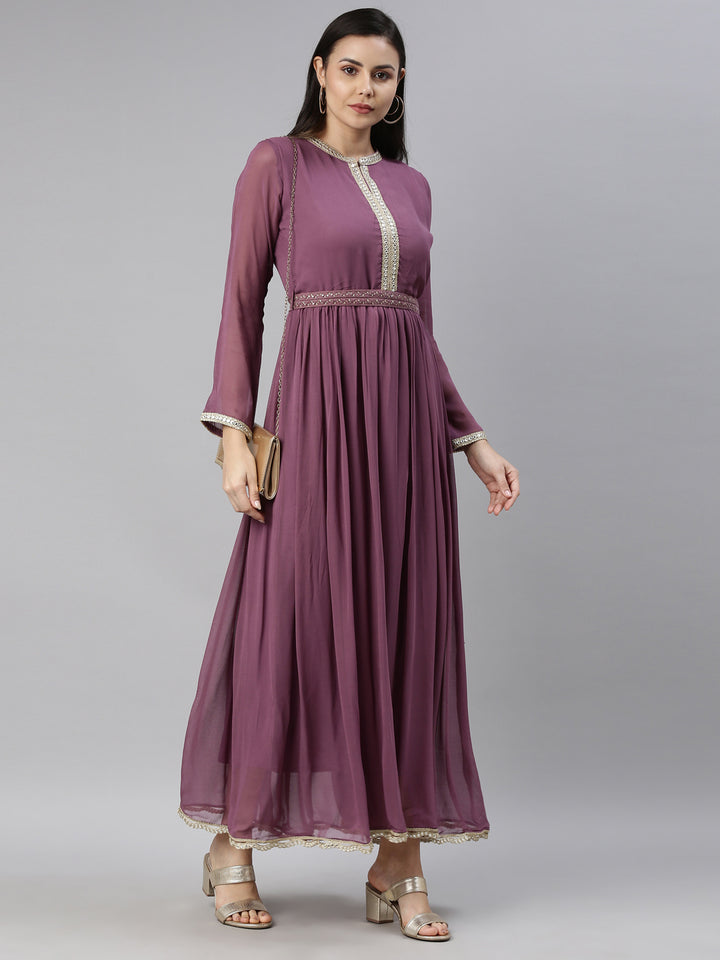 Neerus Purple Georgette Thread Embroidered Anarkali Kurta - detail view 4