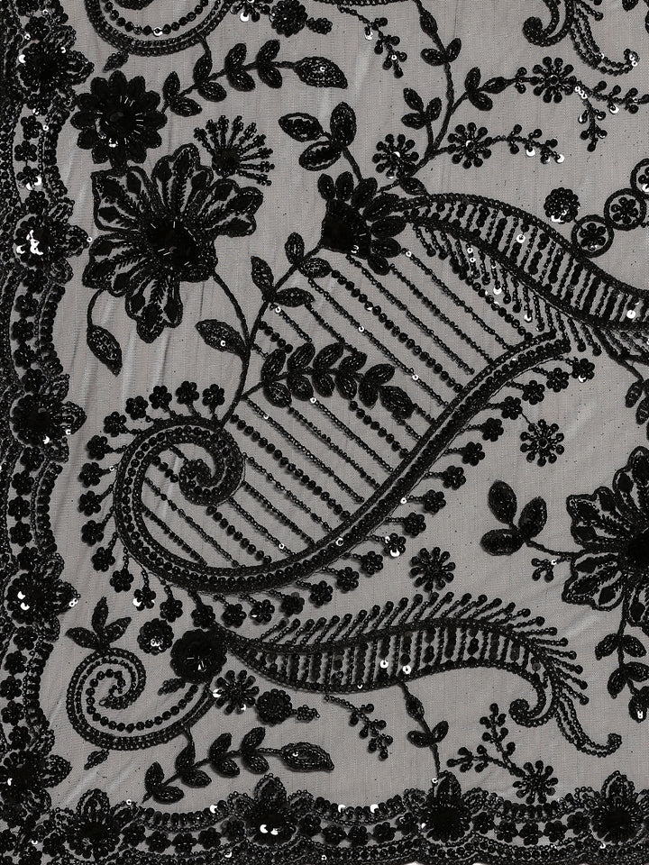 Black net saree with sequin heavy hand embroidery